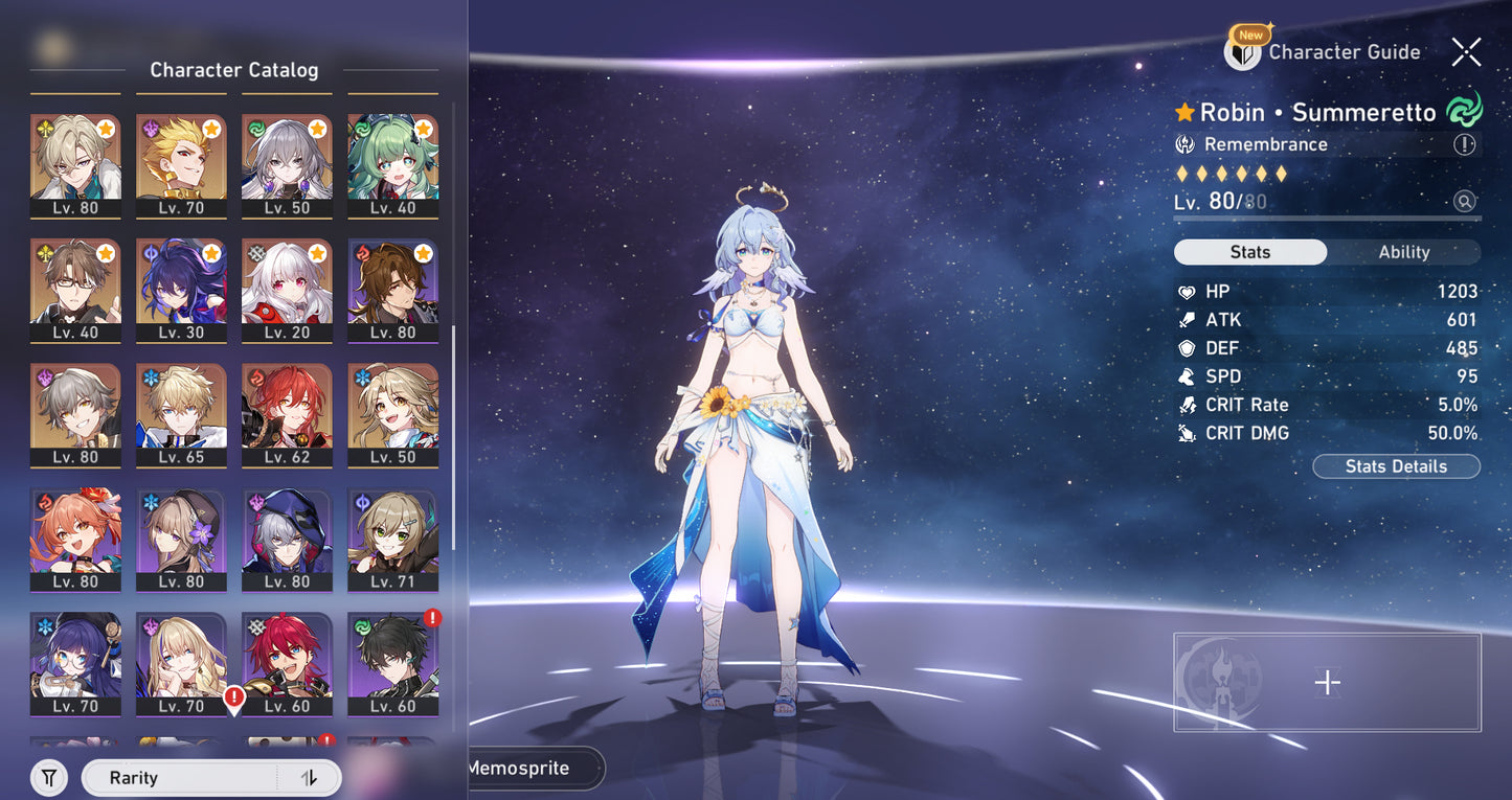 [NA Lvl 70] Robin • Summeretto + Hyacine + Yao Guang +Dan Heng PT+ Evernight + Hysilens + Castorice + The Herta + Cono , Jade+Robin+Acheron+Black Swan+Sparkle+Dr. Ratio+ Aventurine+Topaz+Jiaoqiu+Ruan Mei E1+ Jingliu+Kafka+Huohuo+Archer+ Gilgamesh +Seele