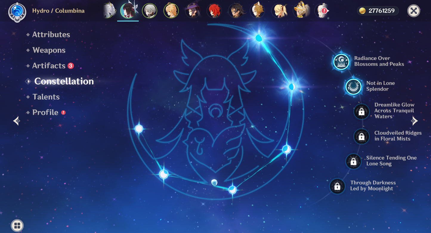 (REROLL + CUMPLEAÑOS LIBRE) Nivel 55 + Columbina C2+ ARMA , Zibai , mona, diluc, dehya