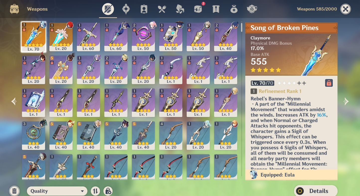 [AR 45] ⭐️ Eula + Arma + Klee + Trotamundos + Eula + Xianyun + Jean + Dehya + Diluc + Keqing