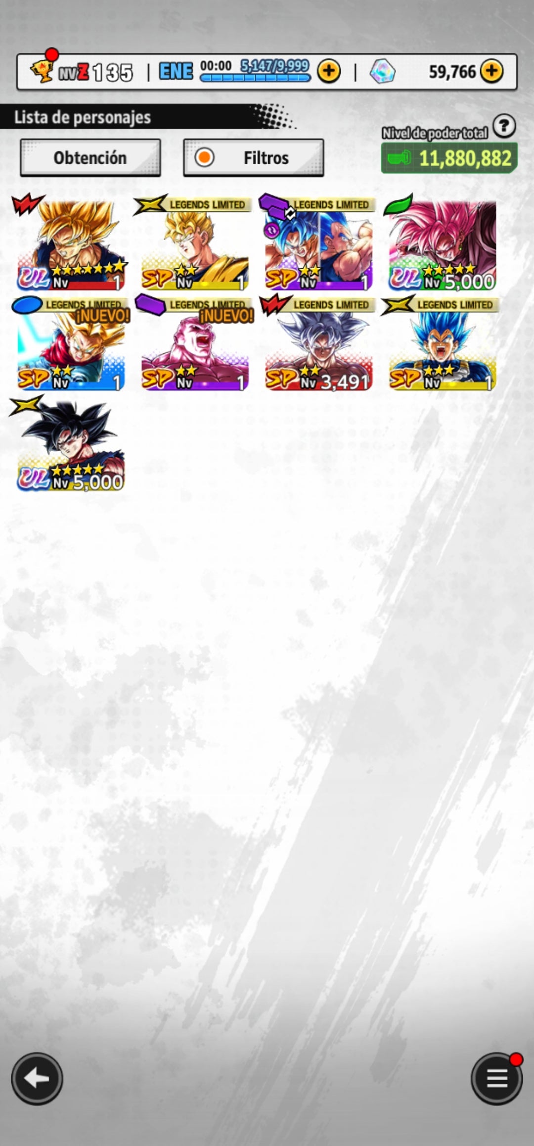[Android] 59,766 Cronocristales 💎|  ⭐️ Pre-ultrainstinto Goku + Supersaiyajin rosa Goku Oscuro | ⭐️ 7 Legends Limited | Dragon Ball: Legends Cuenta Reroll