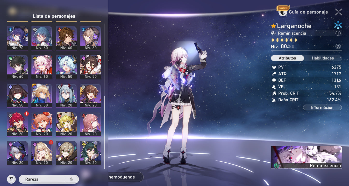 NA[Lvl 70 + Cumpleaños Libre] Yao Guang E1 + Cono , Mortenax Blade + Cono , Hyacine + Cono , Castorice + Cono , Larganoche E1 + Cono , Hysilens E1 + Cono , Cisne Negro + Cono , Ruan Mei + Archer + Huohuo + Kafka + Dan Heng Permansor Terrae + Gilgamesh +