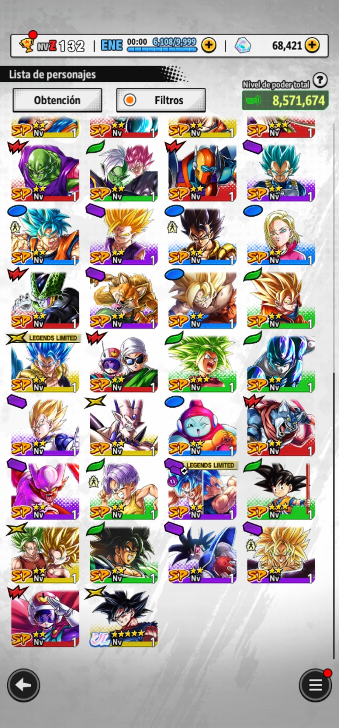 [Android] 68,421 Cronocristales 💎|  ⭐️ Pre-ultrainstinto Goku | ⭐️ 2 Legends Limited | Dragon Ball: Legends Cuenta Reroll