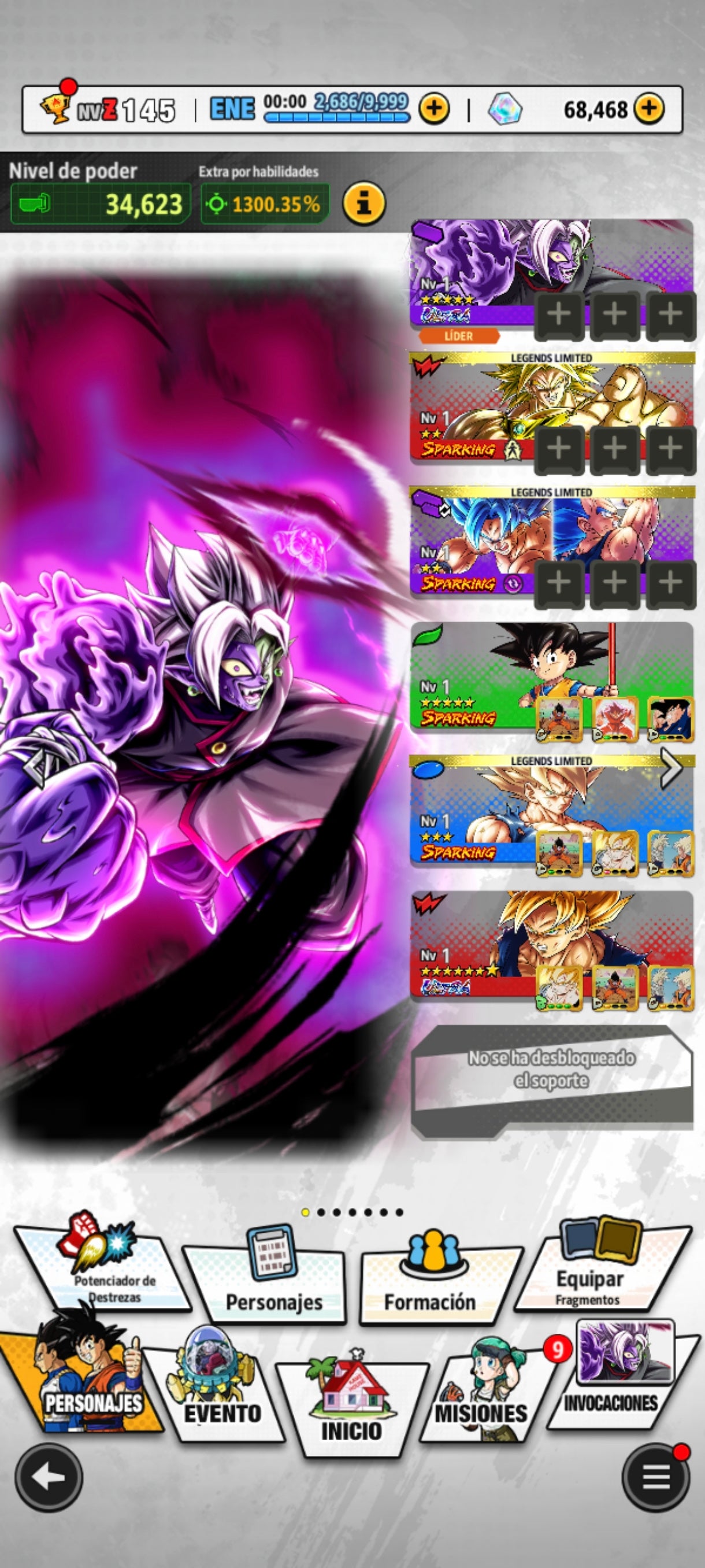 [Android] 💎 68,468 Cronocristales 💎| ⭐️ Zamasu fusionado [ULTRA] | Dragon Ball: Legends Cuenta Reroll