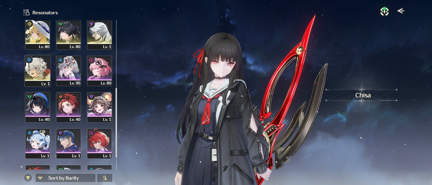 [Nivel 74] ✨ Cantarella + Arma + Carlotta C2 + Arma + Lupa + Arma + Brant + Arma + Chisan + Qiuyuan + Cartehyia +  Roccia + Camellya + The Shorekeeper + Changli + Phoebe + Verina C2 | Wuthering Waves Cuenta Avanzada