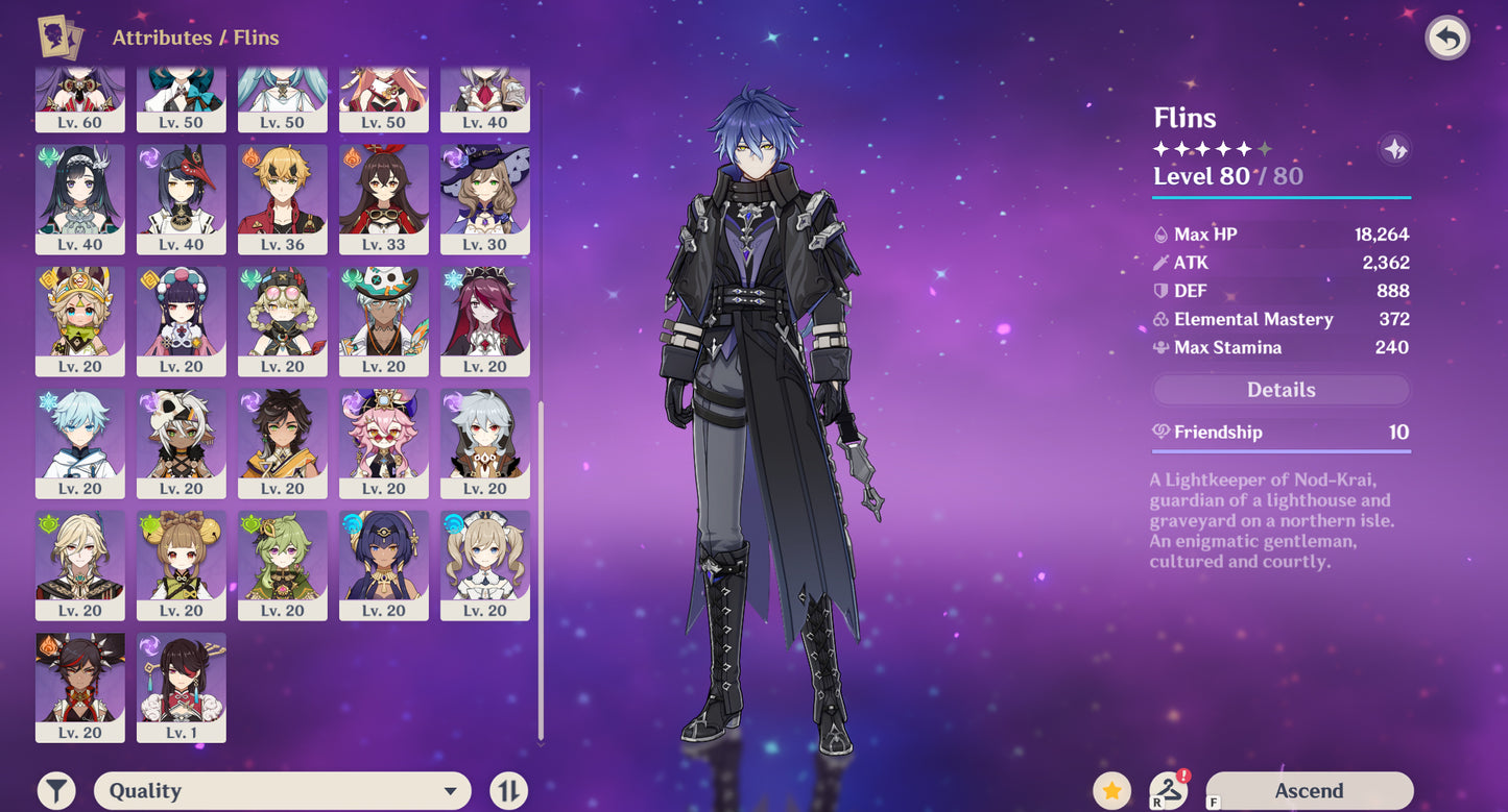 [Nivel 56] Flins + Arma ⭐️, Columbina + Lauma + Nefer + Yelan C1 + Venti + Raiden Shogun + Furina + Qiqi + Mona + Diluc + Jean