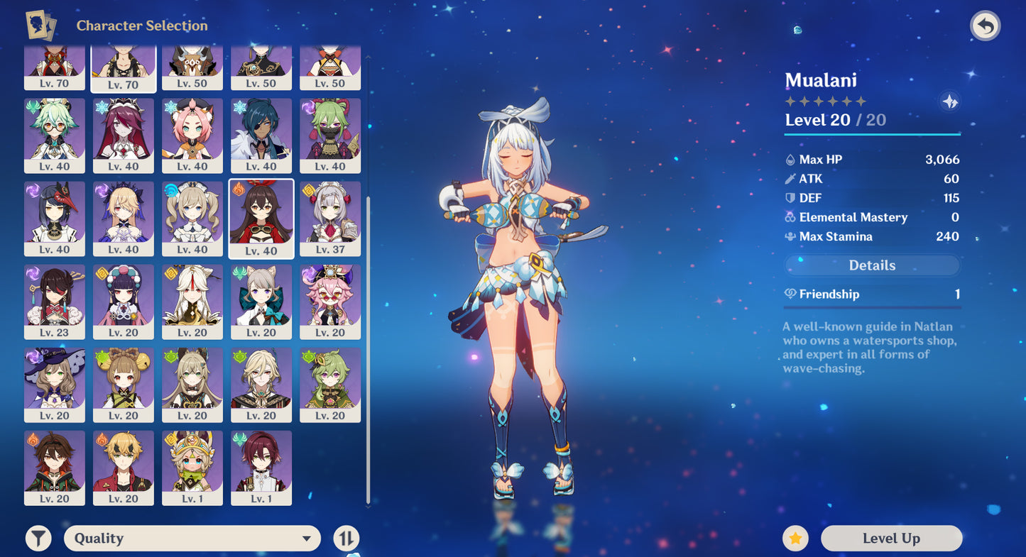 [Nivel 54] ✨ Ayato + Hu Tao + Xianyun + Zhong Li + Mualani + Tighnari + Diluc + Mona + Aloy + Llave de Coronacion