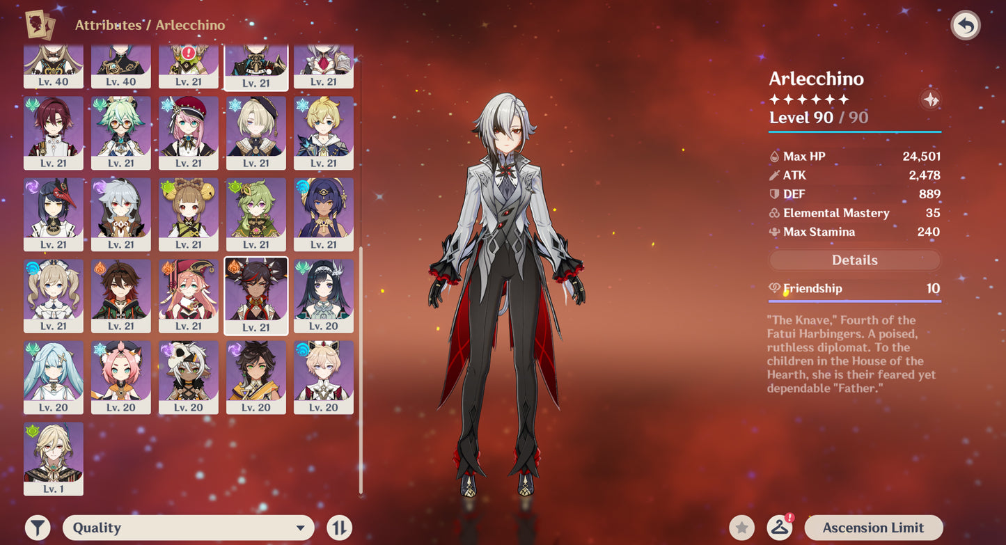 [Nivel 56] Arlecchino C2 + Arma , Mavuika , Lyney C1 + Arma , Furina , Neuvillete C1 + Jean C1, Qiqi , Diluc , Mizuki