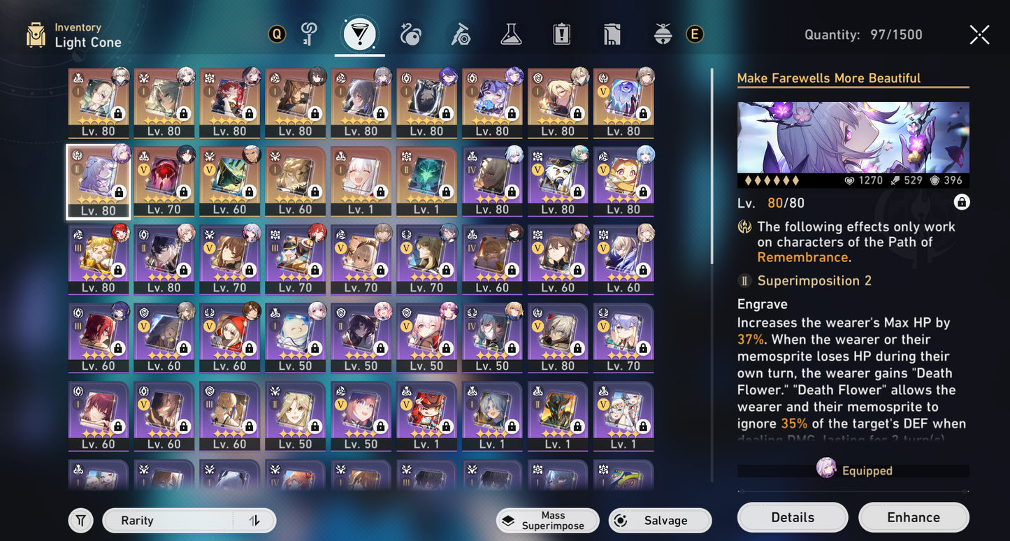 [TL 70] ✨Castorice + Anaxa + Cerydra + Tribbie + Firefly + Jiaoqiu + Topaz + The Herta + Ruan Mei E1 + Jingliu + Acheron E1 + Black Swan + Feixiao + Blade + Archer + Dr Ratio + Aventurine + Fu Xuan + Bronya E5 + Clara + Welt + Himeko
