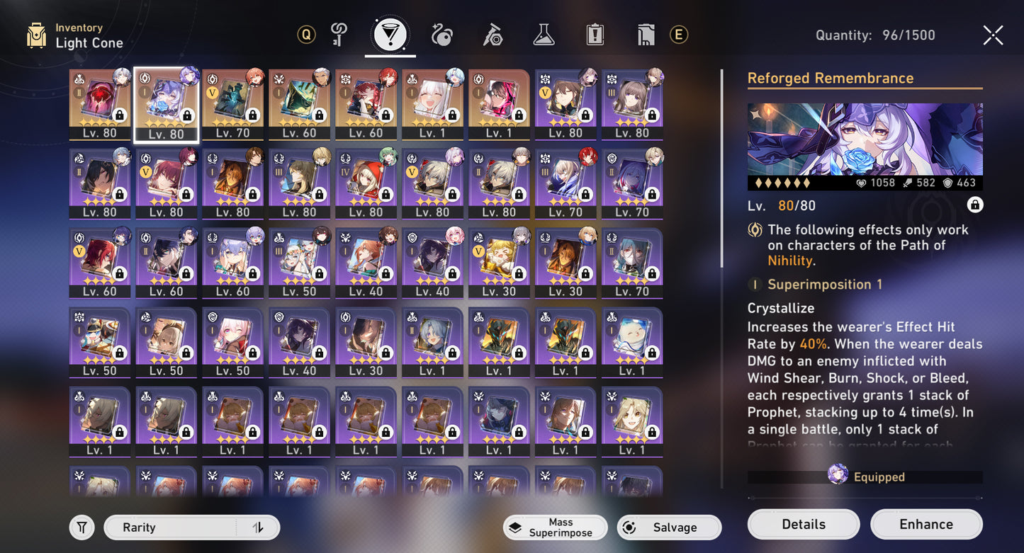 [Nivel 70] Fainon + Sunday + Castorice + Hysilens + The Herta + Kafka + Black Swan +Cono , Aventurine + Argenti + Huohuo + Luocha + Archer + Dr Ratio + Bronya E2 + Himeko E2 + Gepard E1 + Welt + Bailu + Clara