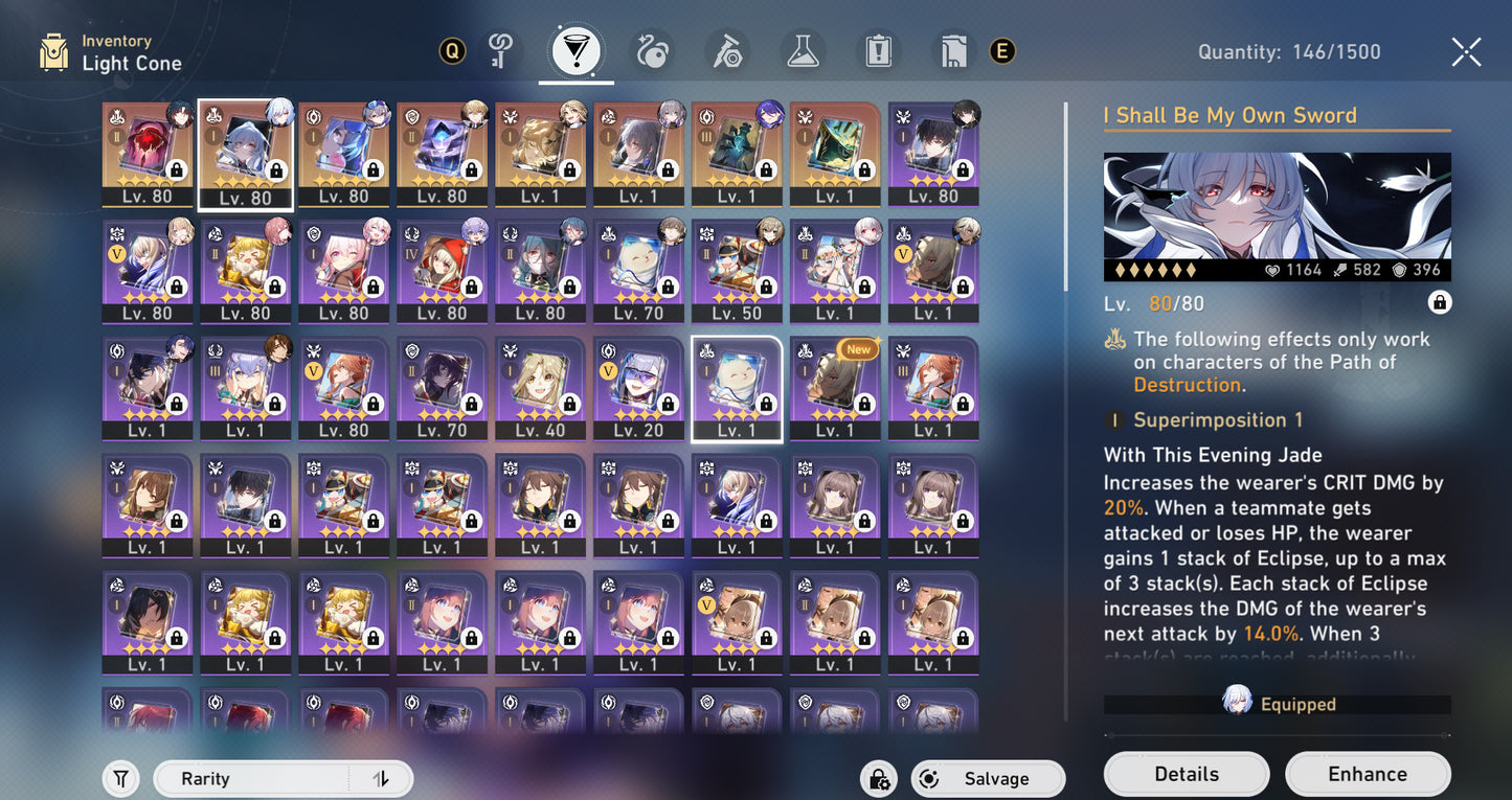 [AR 59/TL70] ⭐️ Blade + Jingliu + Acheron + Silver Wolf + Dr Ratio + Gepard + Bailu + Bronya + Clara + Yanqing + Himeko + &nbsp;Shenhe + Ayaka + Yelan + Kokomi + Yae Miko + Tartaglia + Nilou + Arlecchino + Tighnari + Diluc + Keqing + Jean + Aloy + QIqi