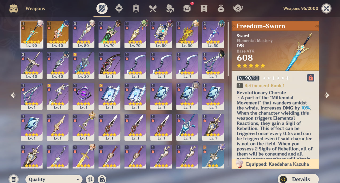 [Nivel 54] Kazuha C6 + Arma , Mona C1 + Jean + Tighnari + Keqing + Dehya