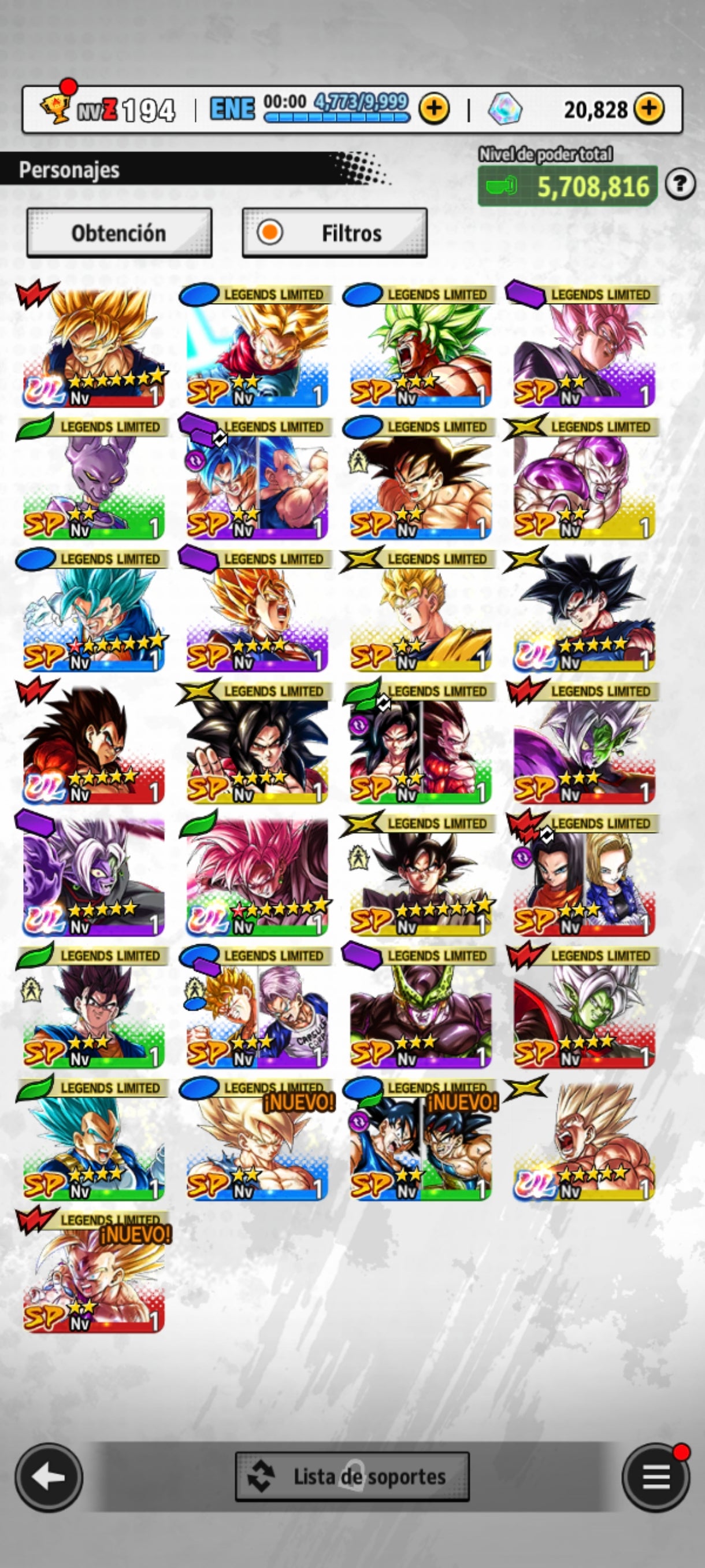 [Android] 20,828 Cronocristales 💎|5 ULTRAS⭐️Supersaiyajin 4 Vegeta ULTRA + Zamasu fusionado ULTRA + Supersaiyajin Goku ULTRA + Supersaiyajin rosa Goku ULTRA 1 estrella roja + Pre Ult Goku ULTRA + 23 LL