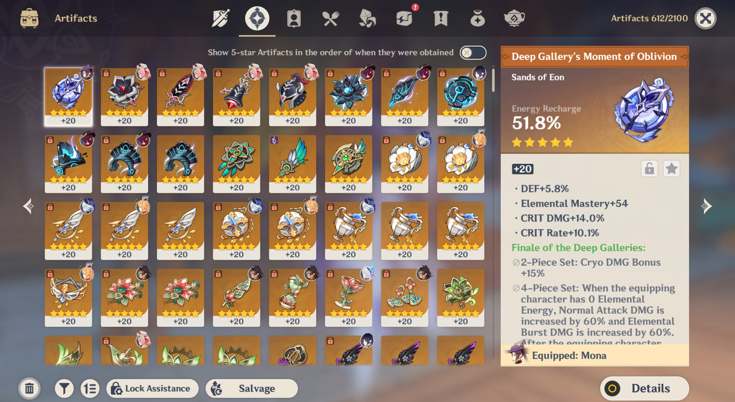 [Nivel 58] Varesa + Arma+ Skirk + Escoffier + Furina + Chasca +Arma + Yelan + Hu Tao + Mona + Tighnari C1 + Dehya + Keqing + Mizuki + Jean