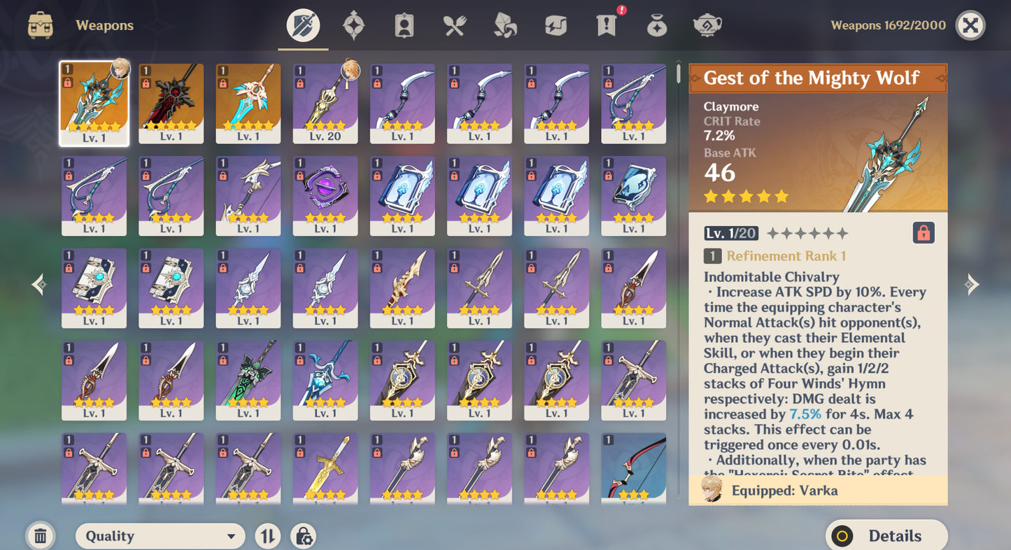 (REROLL + CUMPLEAÑOS LIBRE) Nivel 55 + Varka +Arma ✨+ Zibai + Ineffa + Columbina + Mizuki + Keqing + Diluc