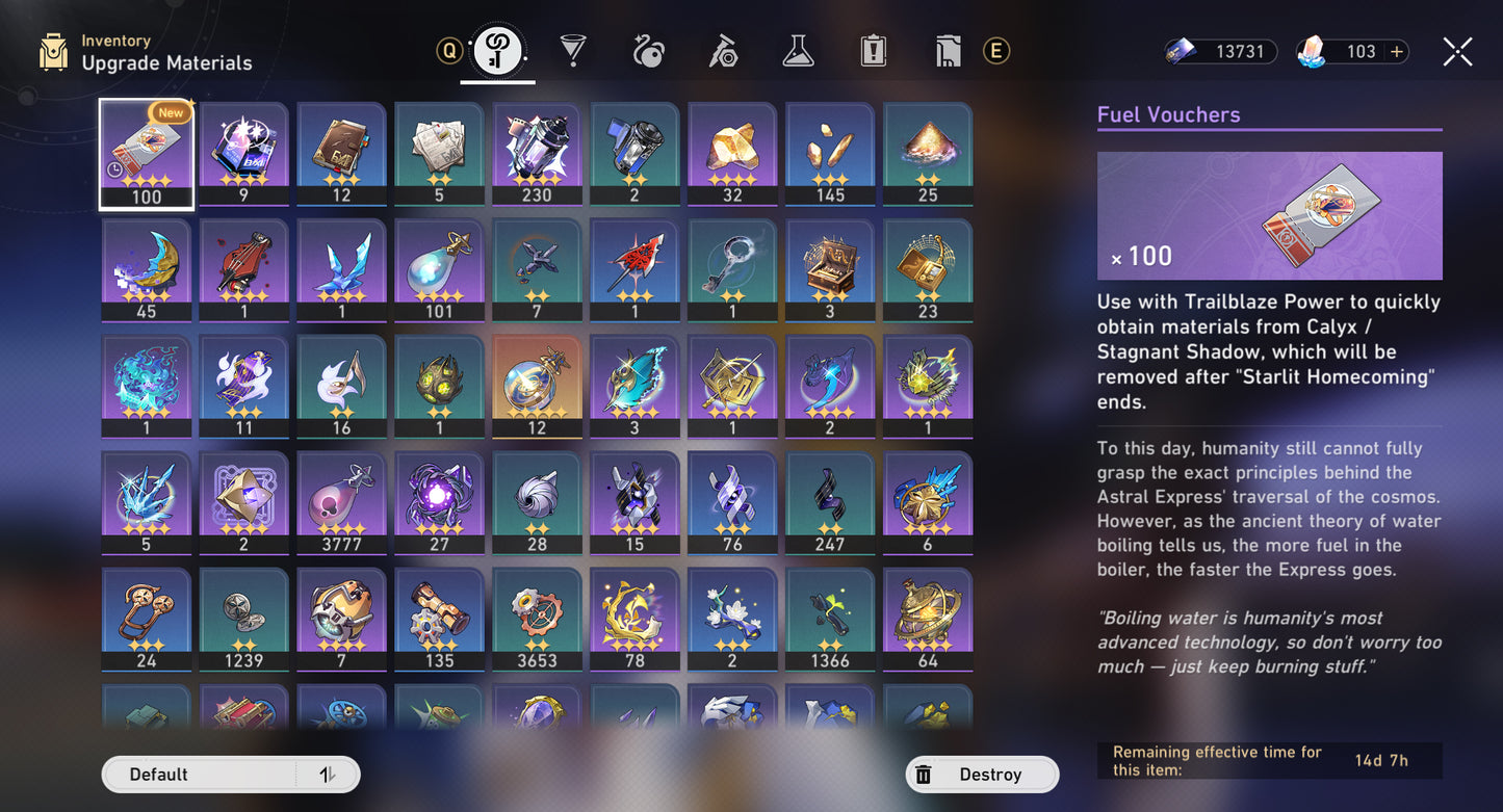 [Nivel 70] Fainon + Sunday + Castorice + Hysilens + The Herta + Kafka + Black Swan +Cono , Aventurine + Argenti + Huohuo + Luocha + Archer + Dr Ratio + Bronya E2 + Himeko E2 + Gepard E1 + Welt + Bailu + Clara