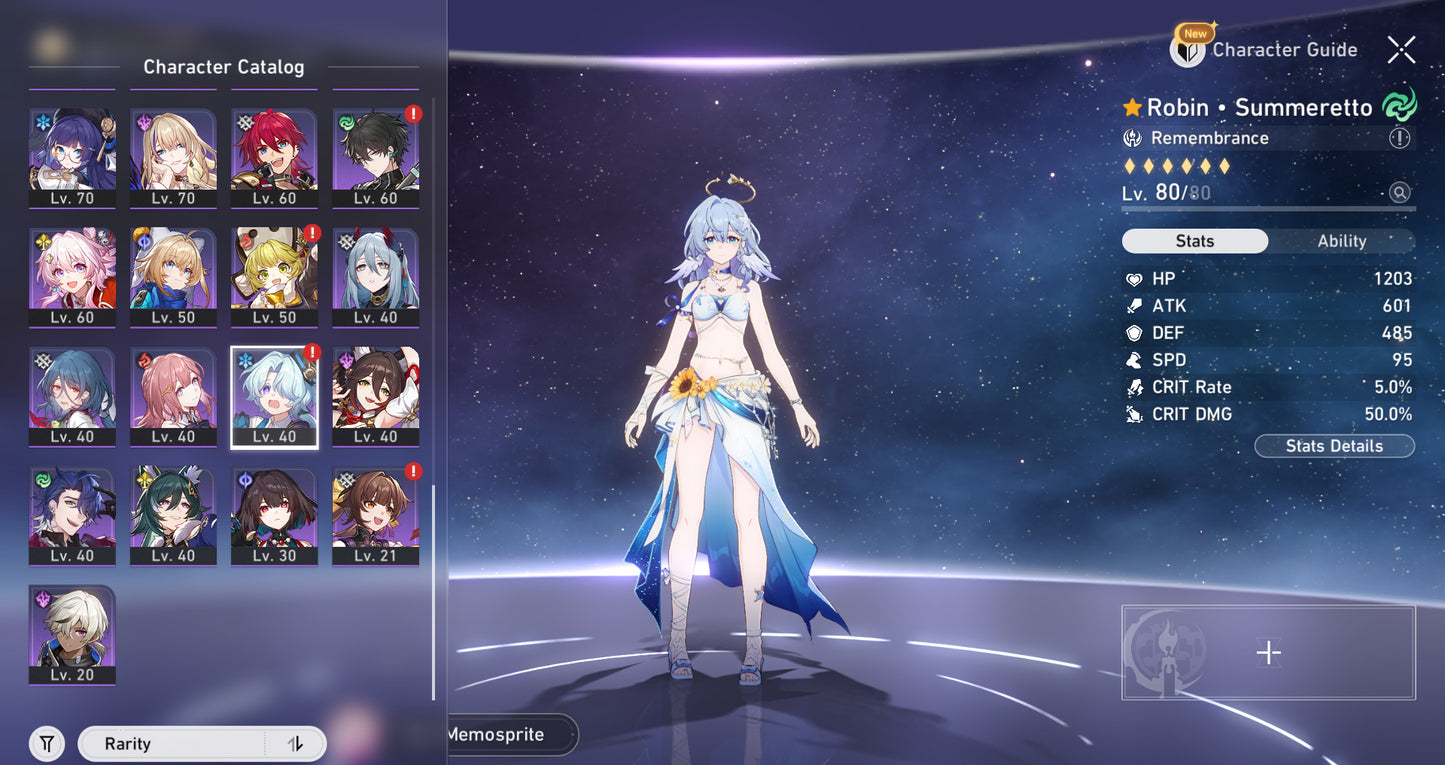 [NA Lvl 70] Robin • Summeretto + Hyacine + Yao Guang +Dan Heng PT+ Evernight + Hysilens + Castorice + The Herta + Cono , Jade+Robin+Acheron+Black Swan+Sparkle+Dr. Ratio+ Aventurine+Topaz+Jiaoqiu+Ruan Mei E1+ Jingliu+Kafka+Huohuo+Archer+ Gilgamesh +Seele
