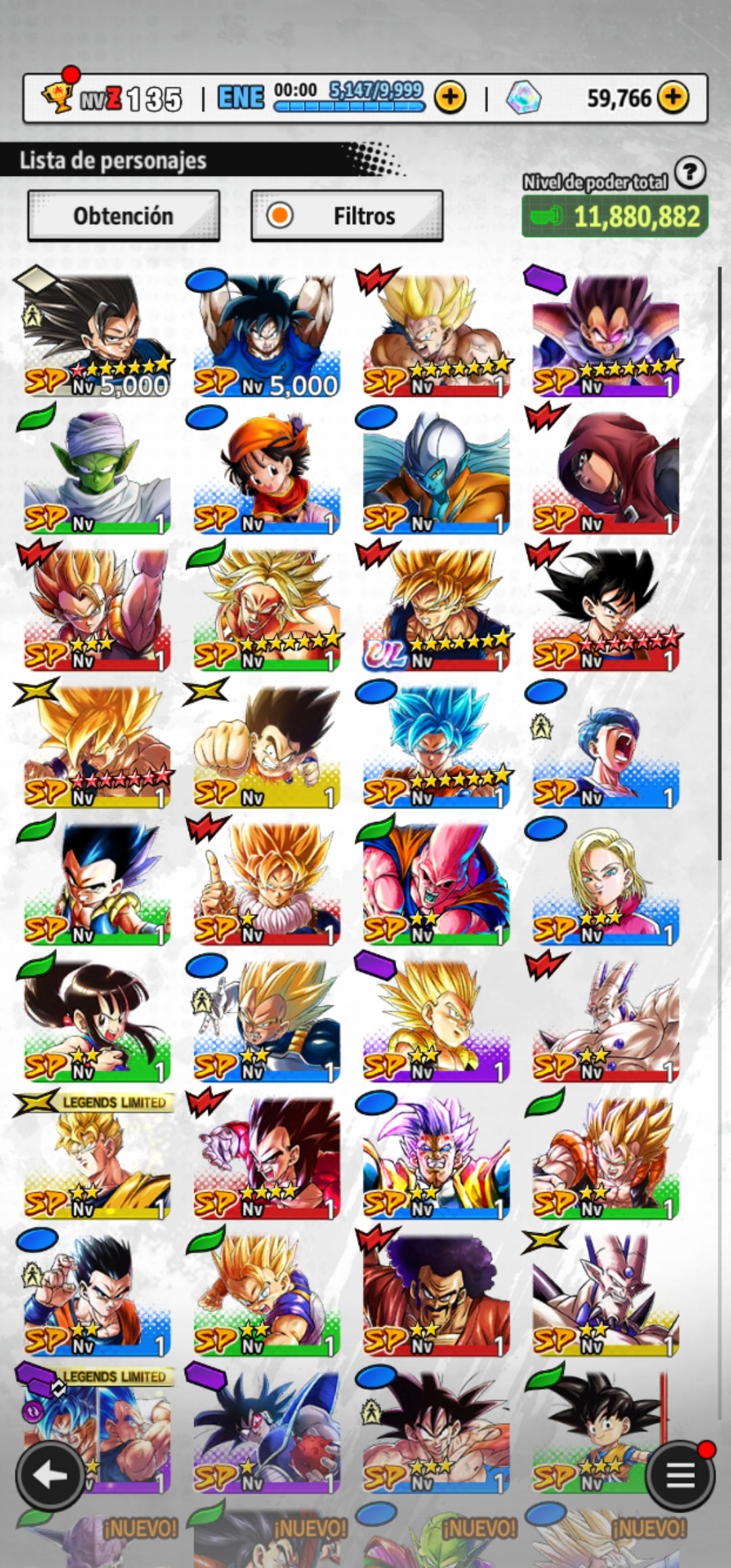 [Android] 59,766 Cronocristales 💎|  ⭐️ Pre-ultrainstinto Goku + Supersaiyajin rosa Goku Oscuro | ⭐️ 7 Legends Limited | Dragon Ball: Legends Cuenta Reroll