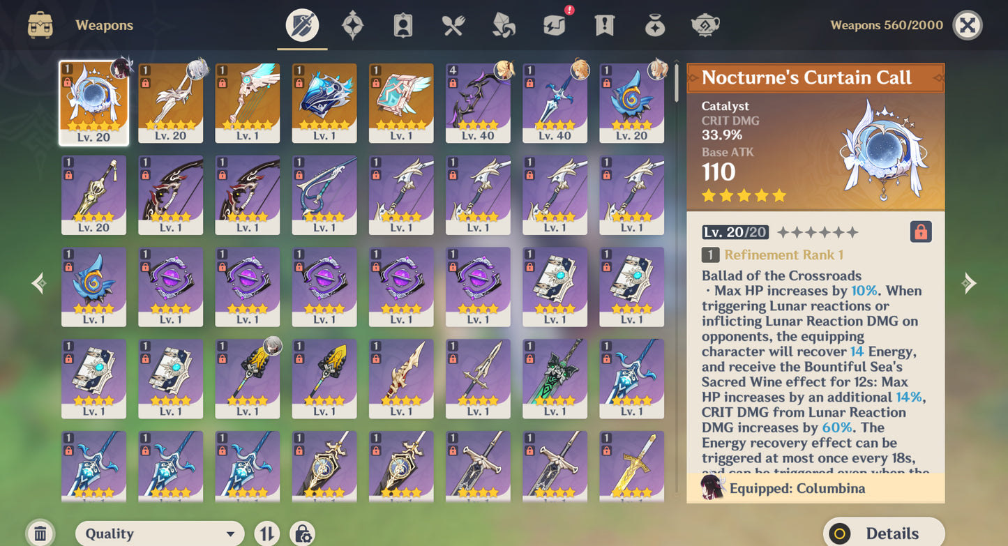 (REROLL + CUMPLEAÑOS LIBRE) Nivel 55 + Columbina C2+ ARMA , Zibai , mona, diluc, dehya
