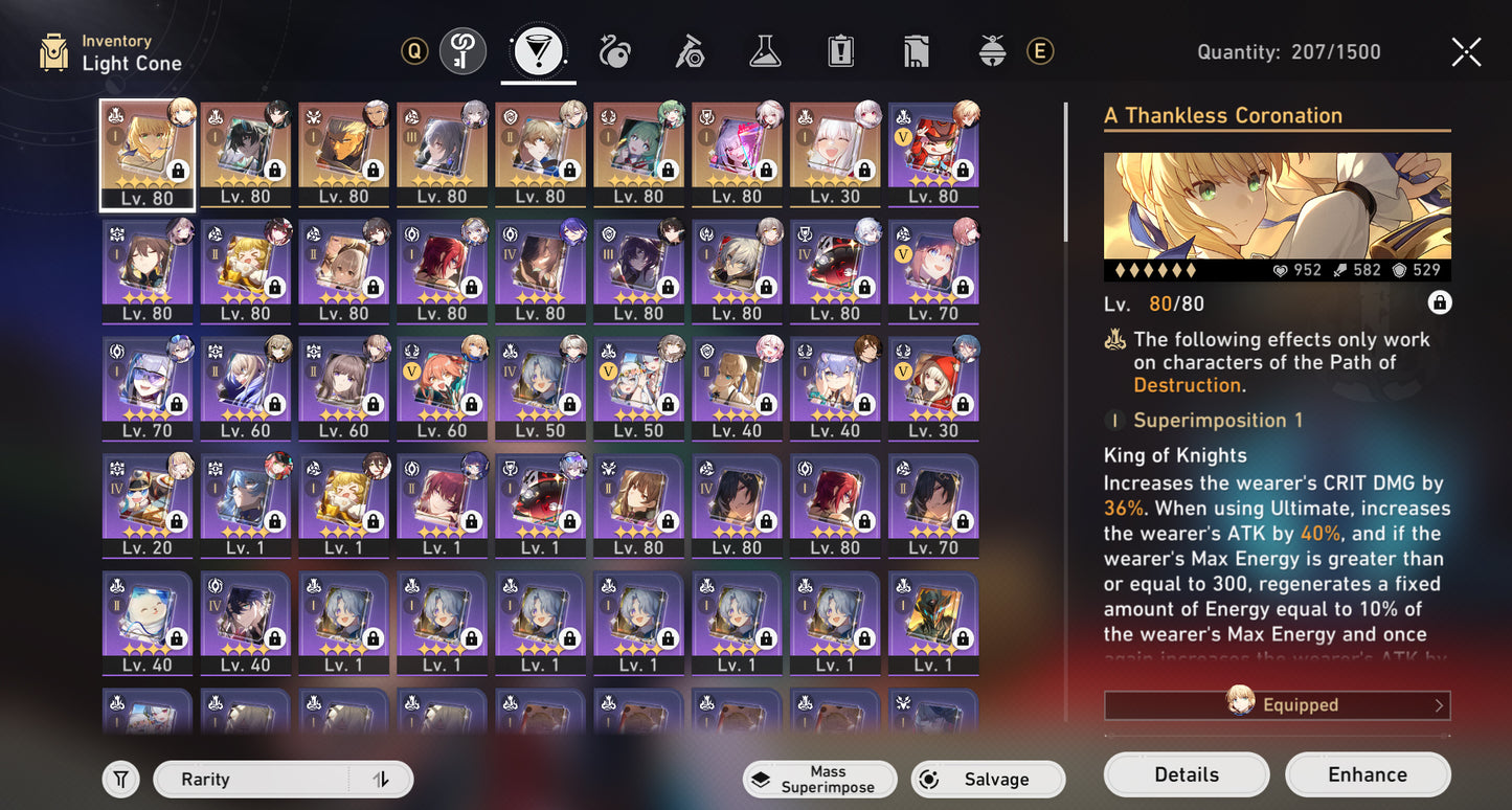 [2En1] Lv70|Yao Guang+Sparxie+Cono|SW Lv999+Cipher+Mydei+Herta+Acheron+Firefly+Aventurine+Evernight+Rappa+Gilgamesh+DH Terrae+Huohuo|RM E1+DH IL+Cono|Saber+Cono|Archer+Cono|Topaz+Ratio+Jing Yuan+Luocha+Fu Xuan