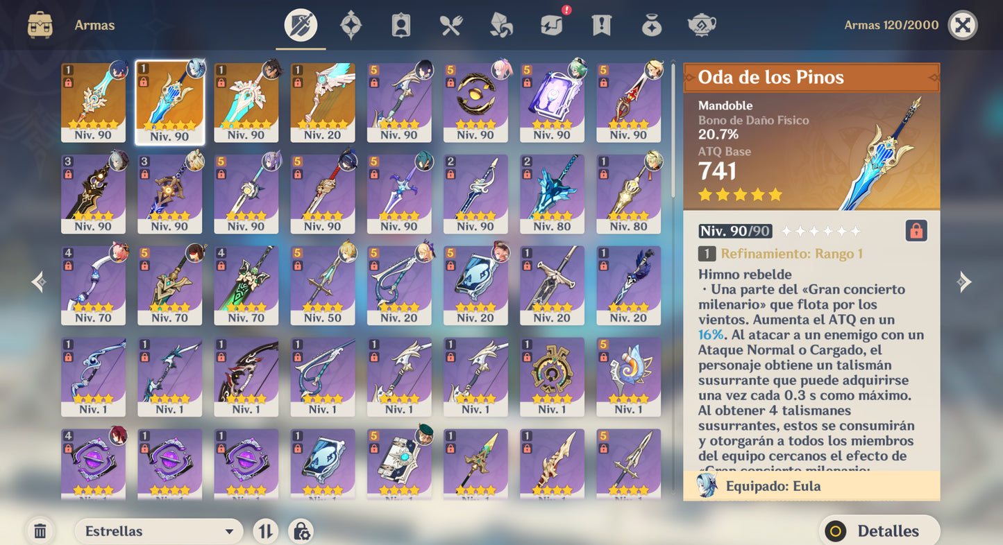 [Nivel 57] | Eula C3 + 0da de los Pinos , Xilonen C2 + Yelan C1 + Raiden Shogun + Zhongli + Ayaka + Emilie + Clorinde + Kokomi + Ayaka + Aloy + Keqing C1 + Qiqi C3 + Dehya + Mona + Tighnari + Jean + Skyward Spine + Skyward Harp + Skyward Pride
