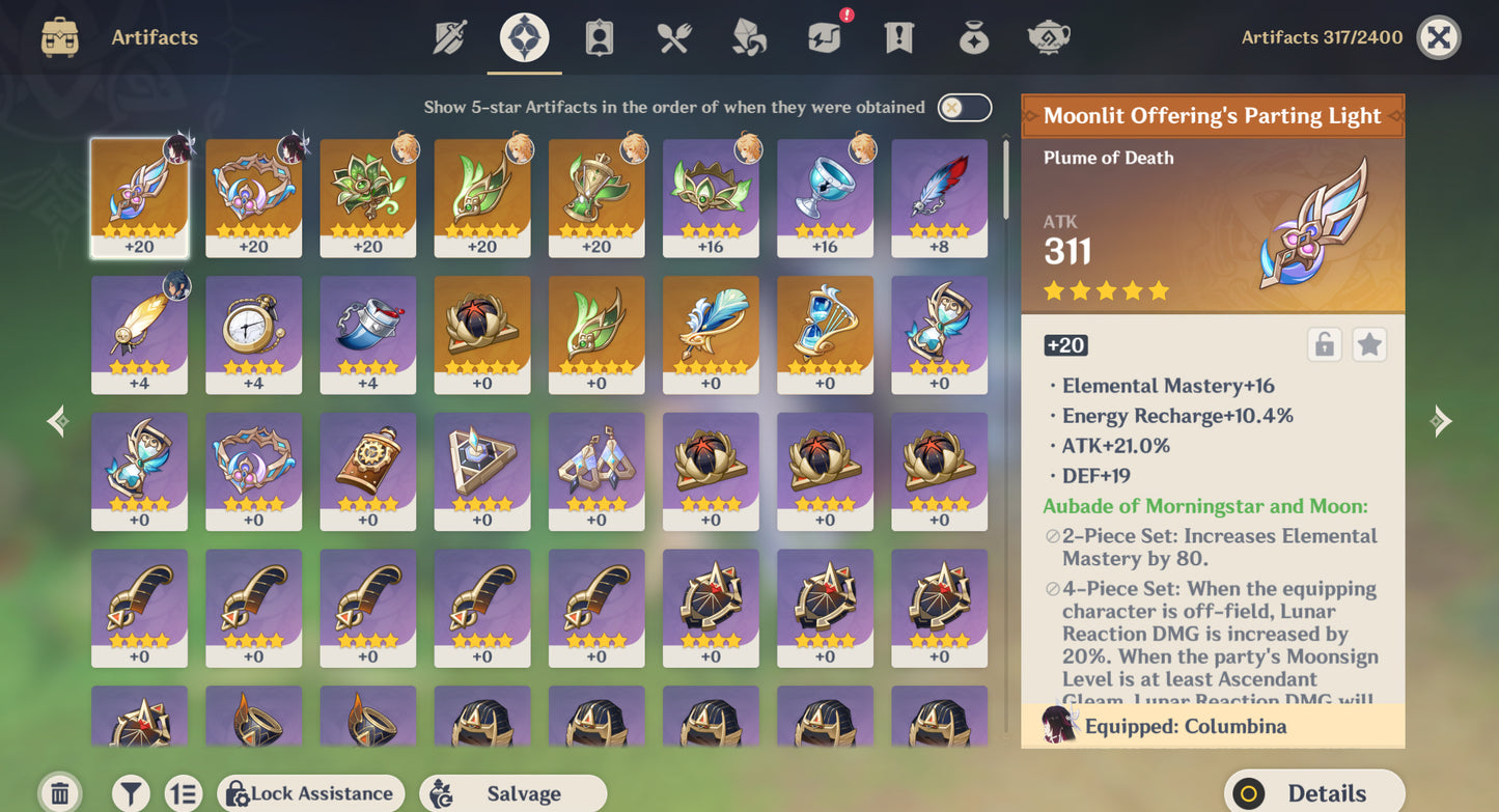 (REROLL + CUMPLEAÑOS LIBRE) Nivel 55 + Columbina C2+ ARMA , Zibai , mona, diluc, dehya