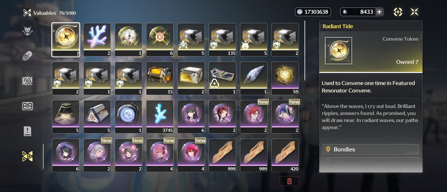 Nivel 41 | 💎8433 Astritas + 7 Deseos💎 + Iuno + Arma + Ciaccona + Arma + Qiuyan + Arma + Zani + Arma | Cuenta Reroll Wuthering Waves