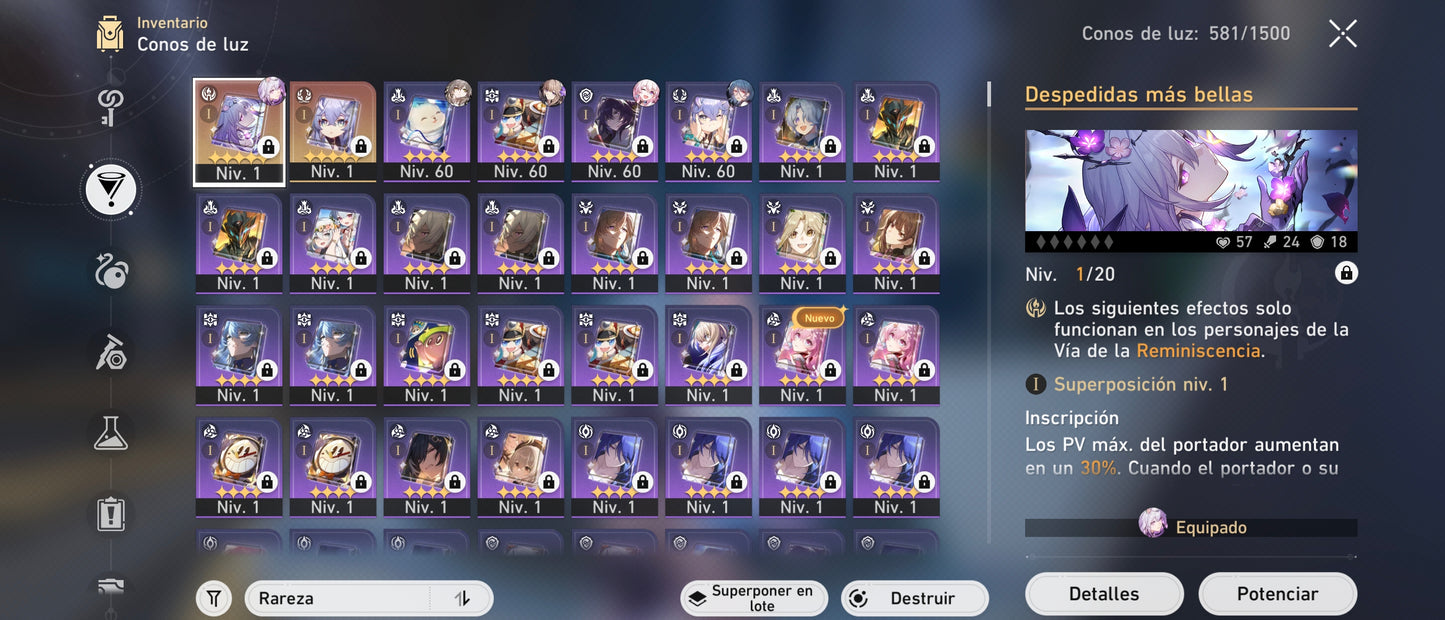 [TL 50] ⭐️ 112 Deseos⭐️ Cyrene + Hyacine E1+ Castorice + Cono + Tribbie + Dan Heng (Permansor Terrae) + Archer + Gepard E1 + Bronya E2 — Cuenta Reroll Honkai: Star Rail