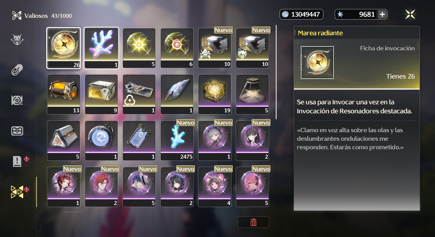 [Nivel 38]✔️Cumpleaños libre | 9681 Astritas💎 + 26 Mareas radiantes💎⭐️Zani + Arma + Carlotta + Veritas + Calcharo + Jianxin | Wuthering Waves Cuenta reroll