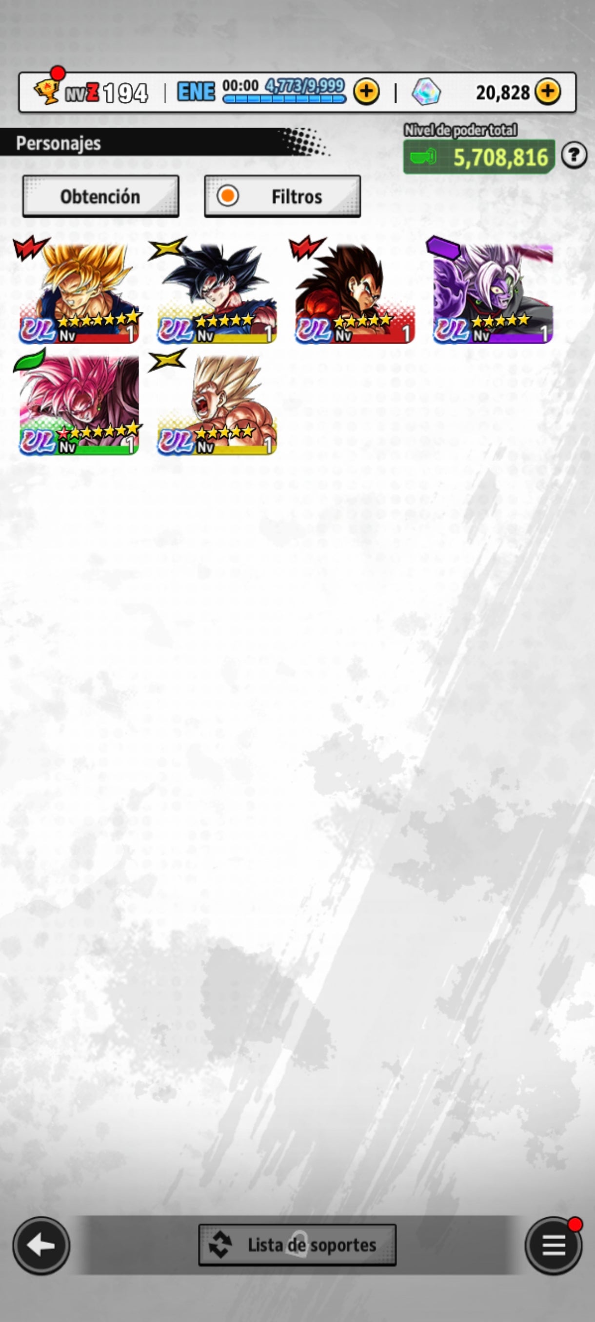 [Android] 20,828 Cronocristales 💎|5 ULTRAS⭐️Supersaiyajin 4 Vegeta ULTRA + Zamasu fusionado ULTRA + Supersaiyajin Goku ULTRA + Supersaiyajin rosa Goku ULTRA 1 estrella roja + Pre Ult Goku ULTRA + 23 LL