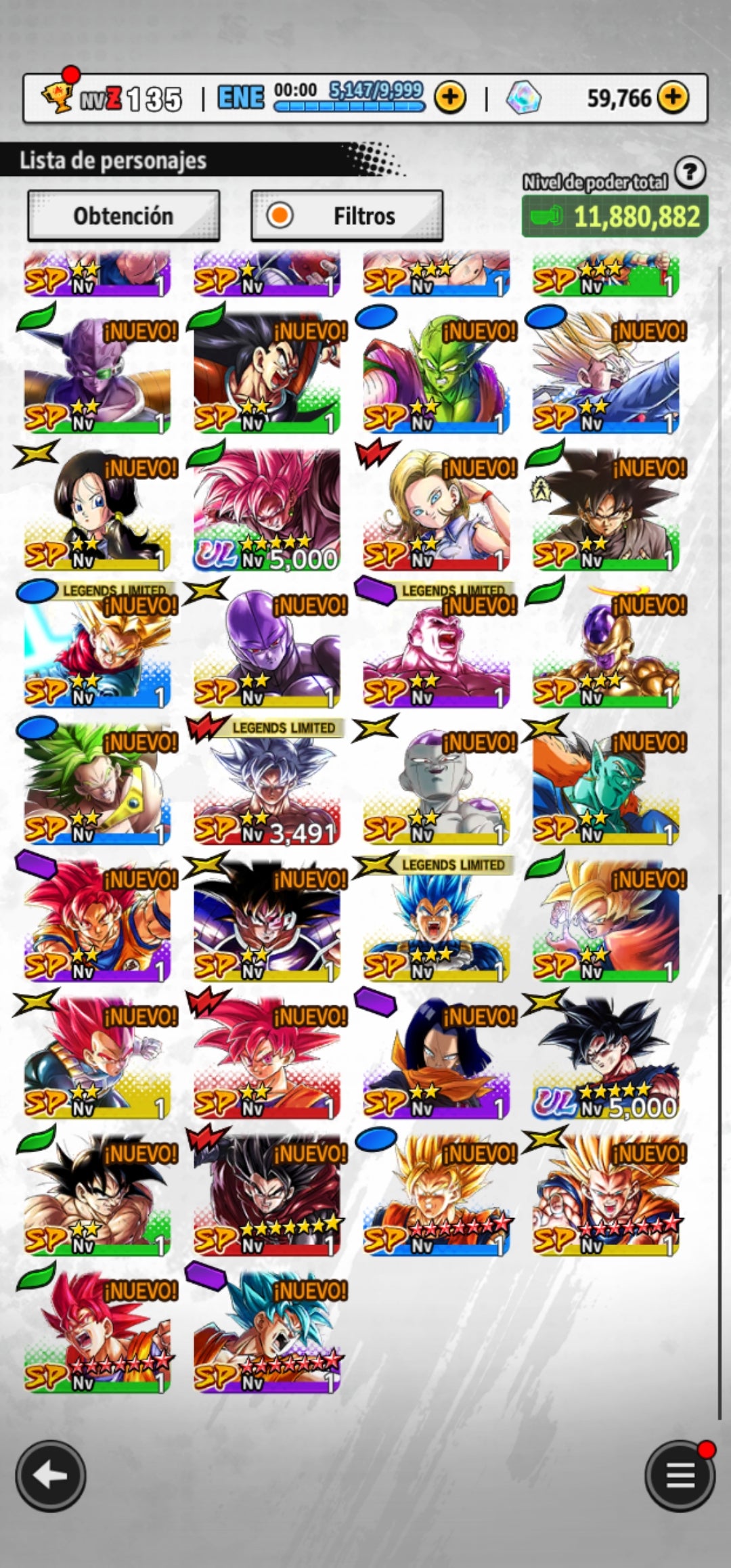 [Android] 59,766 Cronocristales 💎|  ⭐️ Pre-ultrainstinto Goku + Supersaiyajin rosa Goku Oscuro | ⭐️ 7 Legends Limited | Dragon Ball: Legends Cuenta Reroll