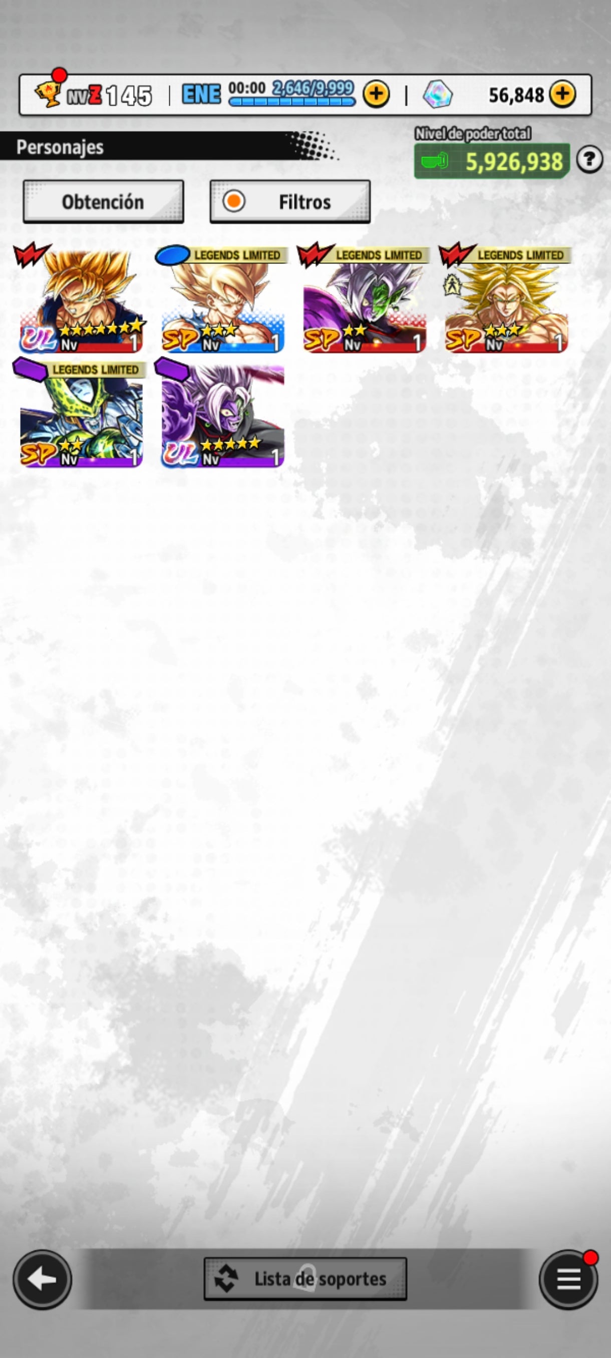 [Android] 💎 56,848 Cronocristales 💎| ⭐️ Zamasu fusionado [ULTRA] | Dragon Ball: Legends Cuenta Reroll