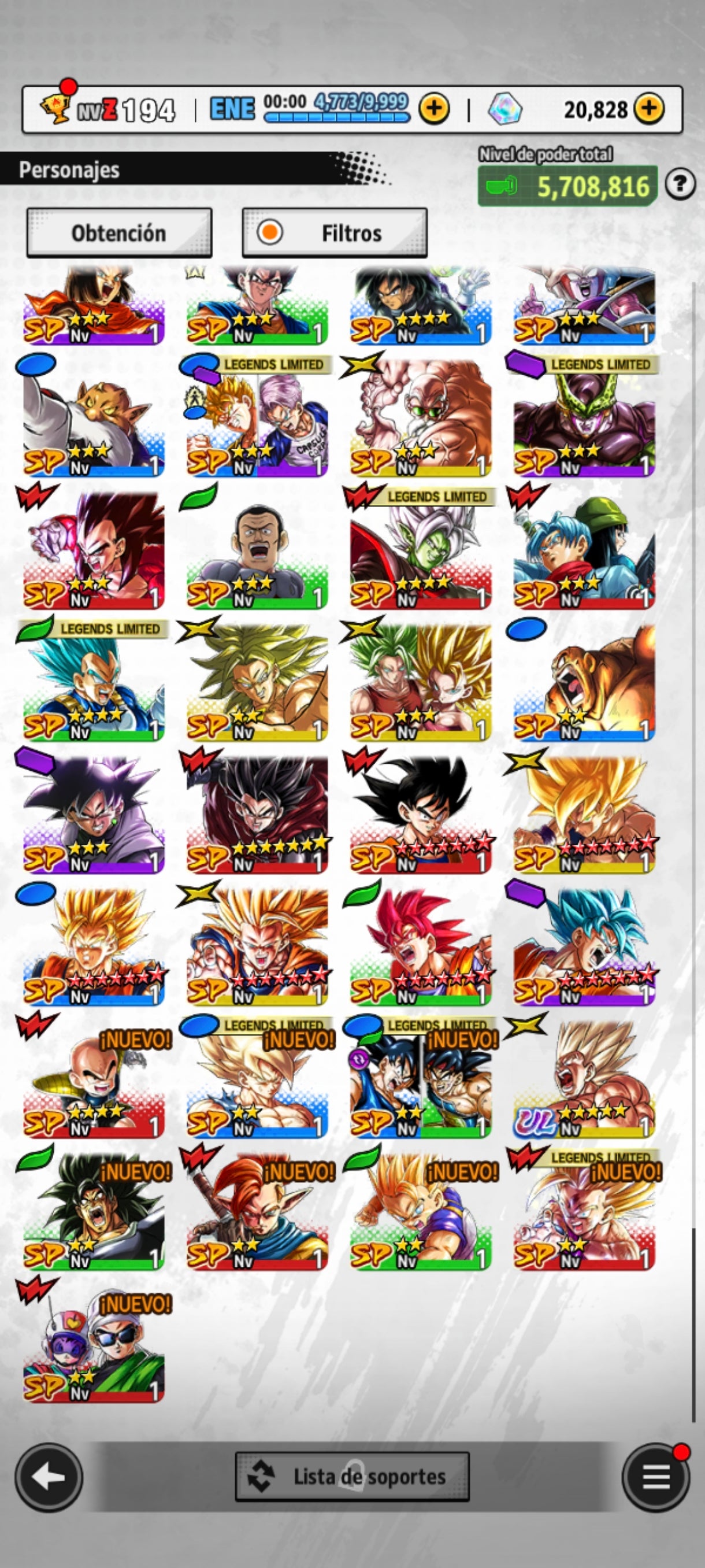 [Android] 20,828 Cronocristales 💎|5 ULTRAS⭐️Supersaiyajin 4 Vegeta ULTRA + Zamasu fusionado ULTRA + Supersaiyajin Goku ULTRA + Supersaiyajin rosa Goku ULTRA 1 estrella roja + Pre Ult Goku ULTRA + 23 LL
