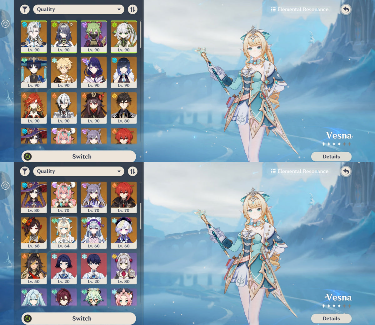 NA AR59| Vesna Hu Tao C2, Mavuika Lauma Arlecchino Neuvillette Zhongli Nahida C1, Varesa Yelan Raiden Shogun Wanderer Chiori Mizuki C1, Dehya Qiqi C2, Diluc Keqing C1