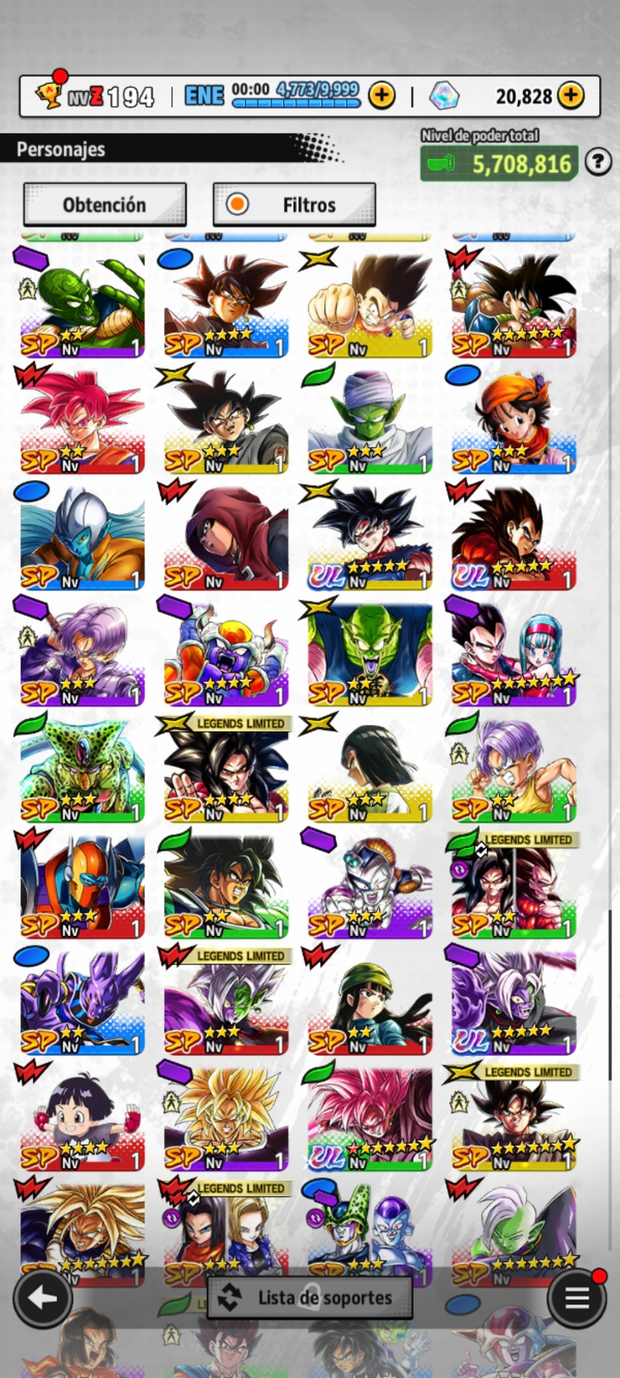 [Android] 20,828 Cronocristales 💎|5 ULTRAS⭐️Supersaiyajin 4 Vegeta ULTRA + Zamasu fusionado ULTRA + Supersaiyajin Goku ULTRA + Supersaiyajin rosa Goku ULTRA 1 estrella roja + Pre Ult Goku ULTRA + 23 LL