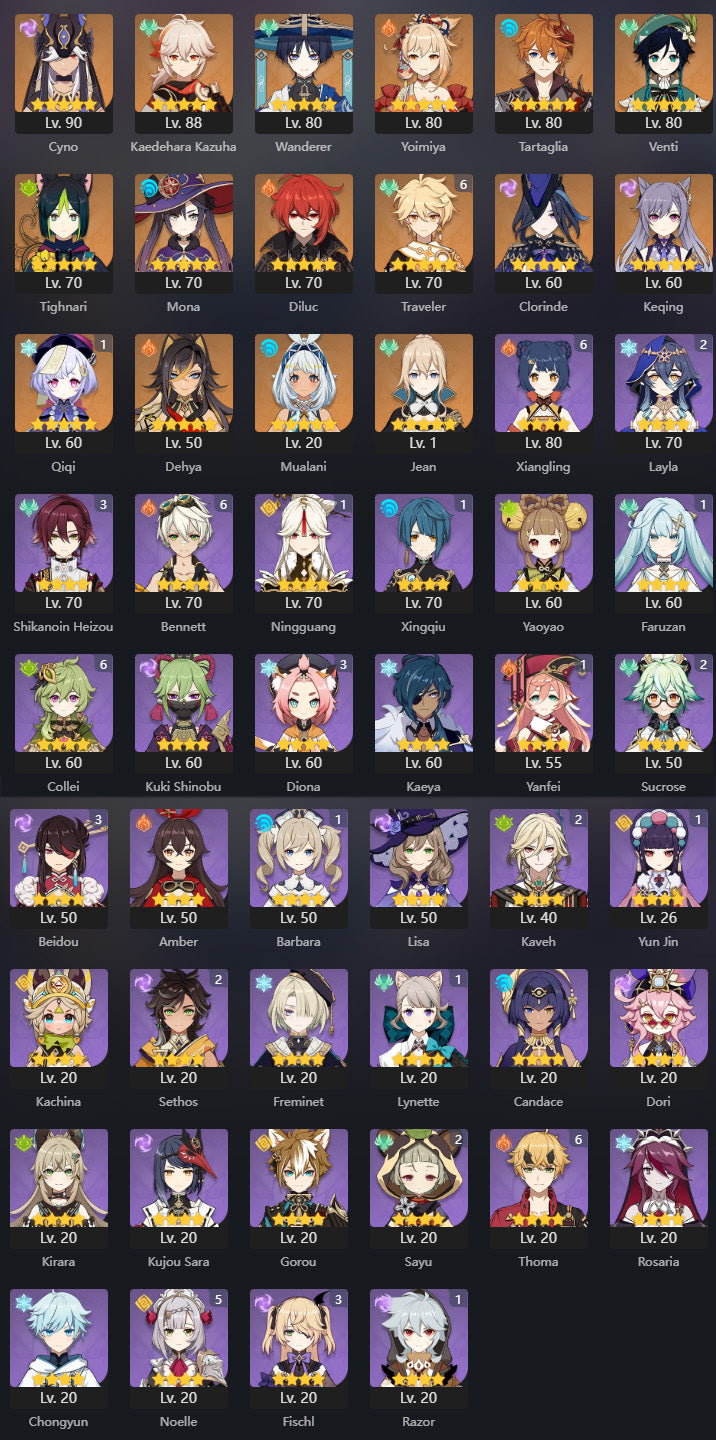 [AR 56] ⭐️Tartaglia + Kazuha + Clorinde + Mualani + Cyno + Trotamundos + Venti + Yoimiya + Qiqi C1 + Tighnari + Mona + Diluc + Keqing + Dehya + Jean