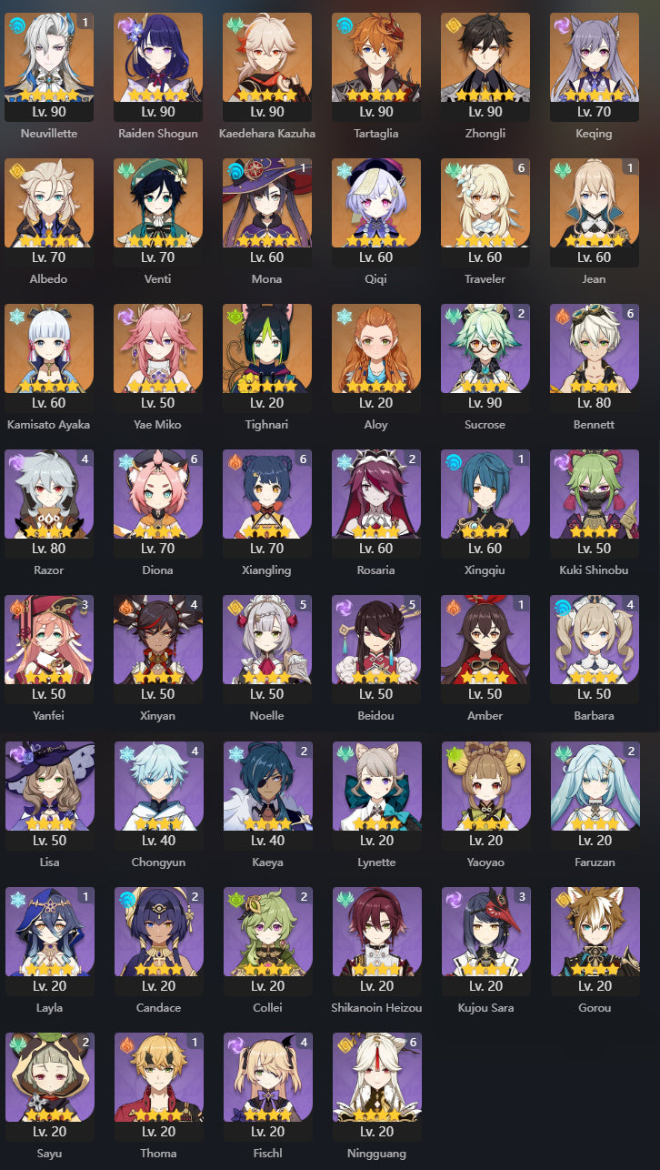 [AR 57] ⭐️Neuvillette C1 + Venti + Zhong Li + Raiden Shogun + Tartaglia + Kazuha + Albedo + Ayaka + Yae Miko + Jean C1 + Keqing + Qiqi + Mona + Tighnari + Aloy