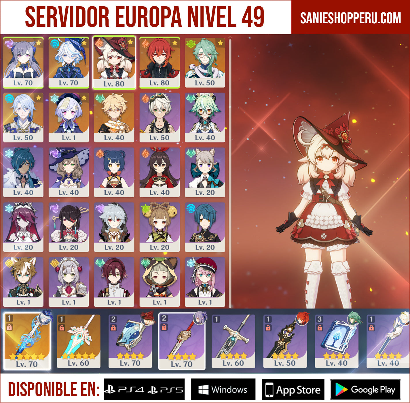 [AR 49] ⭐️Klee (Skin) + Furina + Ayato + Bailu + Diluc (Skin) + Keqing (Skin) + Qiqi