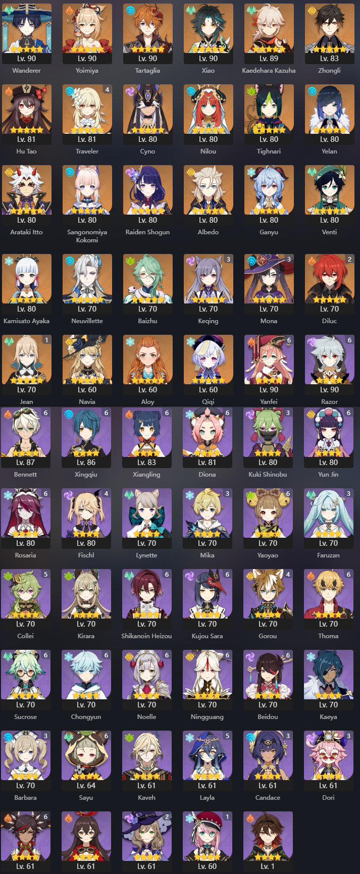 [AR 59] ⭐️Zhong Li + Kokomi + Neuvillette + Raiden Shogun + Xiao + Tartaglia + Yoimiya + Kazuha + Hu Tao + Itto + Albedo + Venti + Ganyu + Ayaka + Cyno + Nilou + Yelan + Baizhu + Navia + Trotamundos + Qiqi + Tighnari + Jean + Keqing + Diluc + Mona