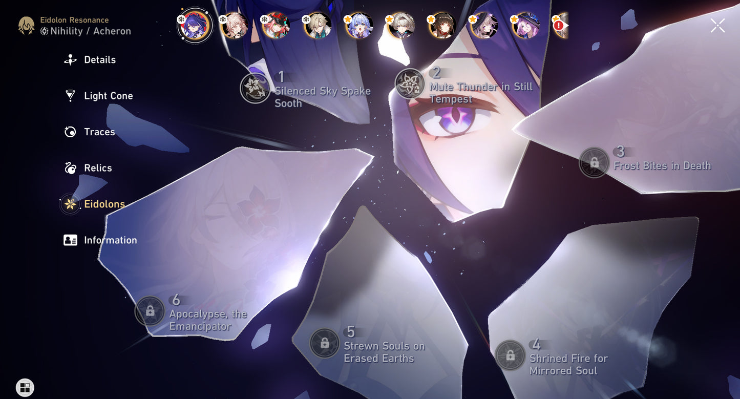 [Nivel 70] Acheron E2 + Cono + The Herta E1 + Cono + Firefly + Cono + Rappa + Cono + Lingsha + Aventurine  + Jiaoqiu + Jade + Ruan Mei + Blade + Archer + Dr Ratio + Bronya E2 + Gepard + Clara E2 + Himeko + Welt E1