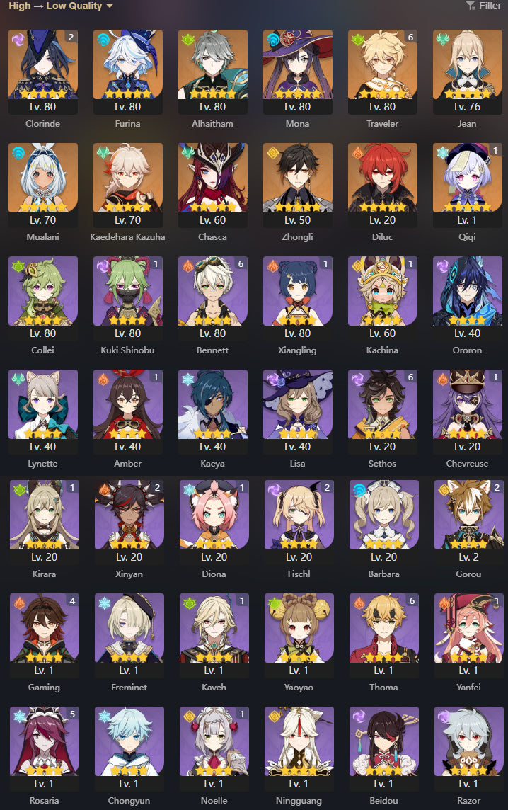 [AR 55] ⭐️Clorinde R2 &nbsp;+ Alhaitham + Furina + Chasca + Kazuha + Mualani + Zhong Li + Qiqi C1 + Mona + Jean + Diluc&nbsp;