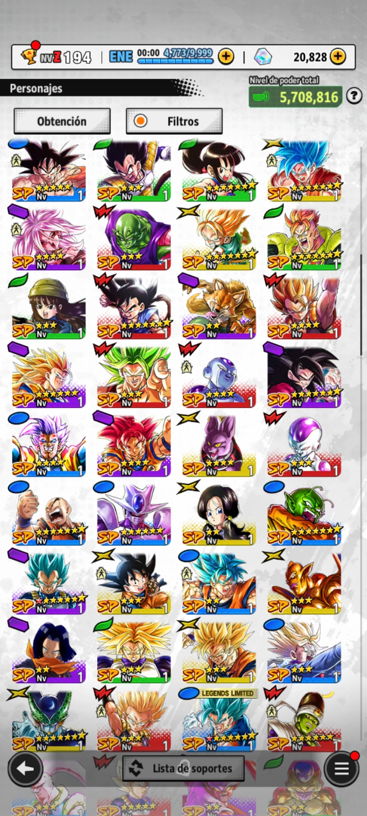 [Android] 20,828 Cronocristales 💎|5 ULTRAS⭐️Supersaiyajin 4 Vegeta ULTRA + Zamasu fusionado ULTRA + Supersaiyajin Goku ULTRA + Supersaiyajin rosa Goku ULTRA 1 estrella roja + Pre Ult Goku ULTRA + 23 LL