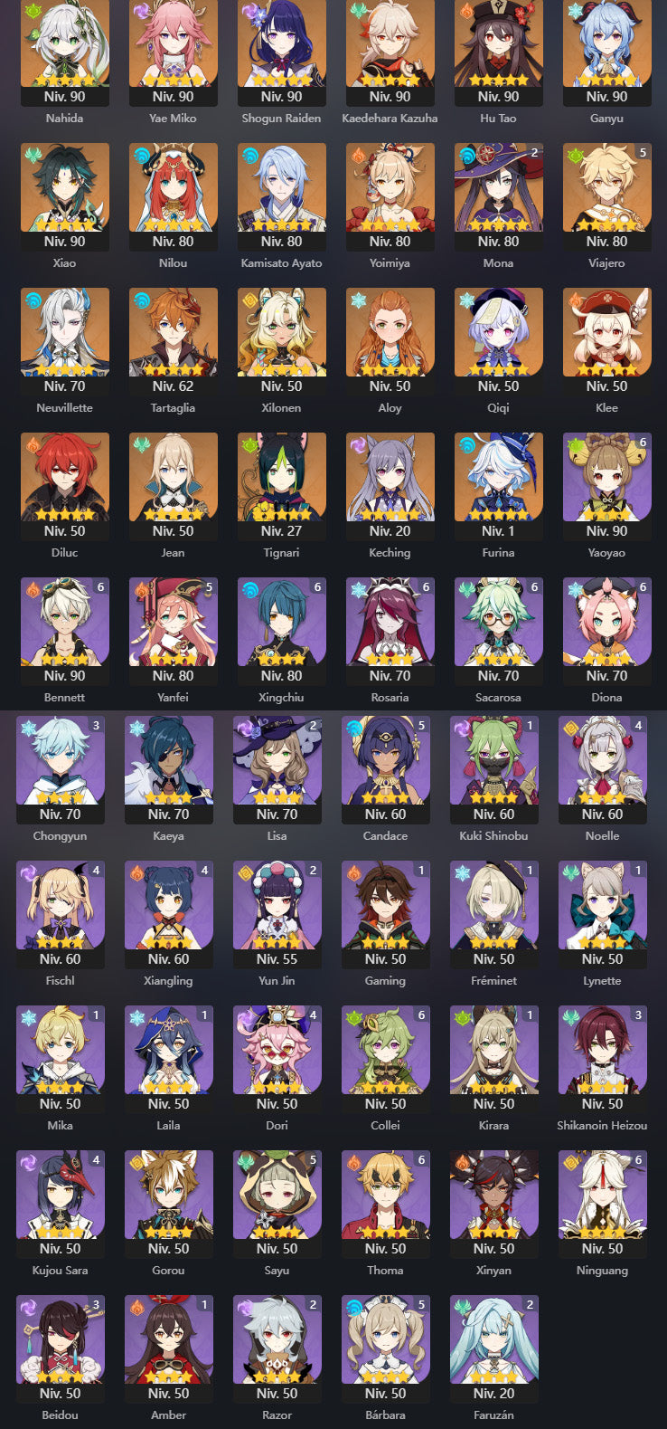 [AR 59] ⭐️Furina + Xilonen + Neuvillette + Kazuha + Xiao + Ganyu + Yae Miko + Raiden Shogun + Nahida + Hu Tao + Nilou + Ayato + Yoimiya + Tartaglia + Klee + Mona + Jean + Qiqi + Diluc + Tighnari + Keqing + Qiqi