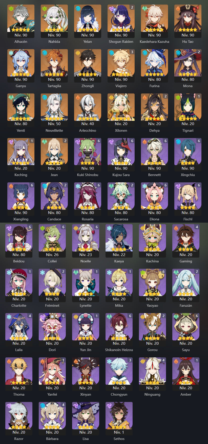 [AR 58] ✨ Raiden Shogun C2 + Zhong Li + Furina + Neuvillette + Nahida + Venti + Kazuha + Ganyu + Alhaitham + Yelan + Tartaglia + Hu Tao + Arlecchino + Xilonen