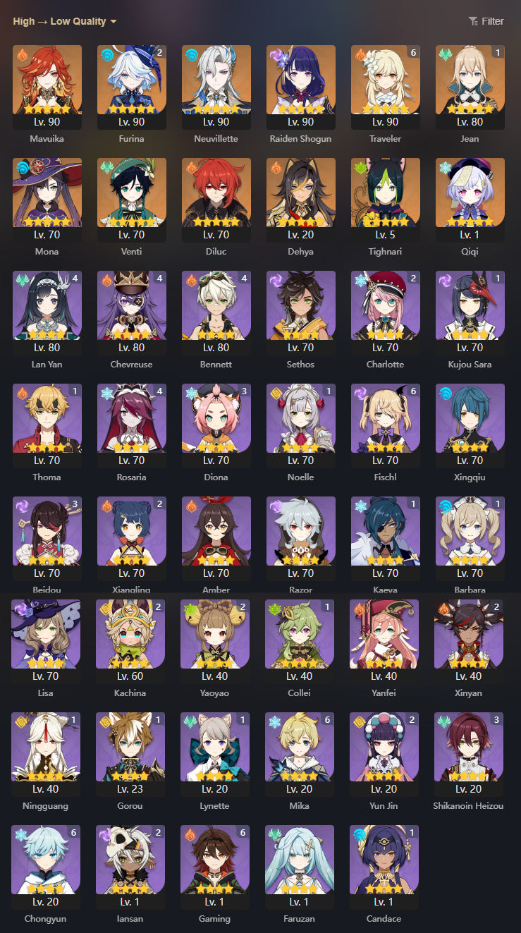 [AR 56] ⭐️Furina C2 + Mavuika + Raiden Shogun + Neuvillette + Venti + Mona + Diluc + Dehya + Tighnari + Qiqi&nbsp;