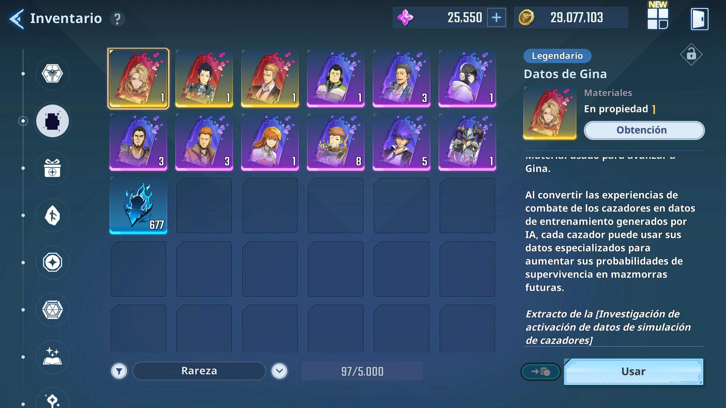 [Global] Nivel 37| +25,550 Piedras esenciales 💎 +10 SSR ⭐️| Goto Ryuji , Cha Hae-In , Thomas Andre , Tawata Kanae , Gina , Charlotte , Amamiya Mirei , Woo Jinchul , Min Byung-Gu , Lim Tae-Gyu |  10 Armas SSR