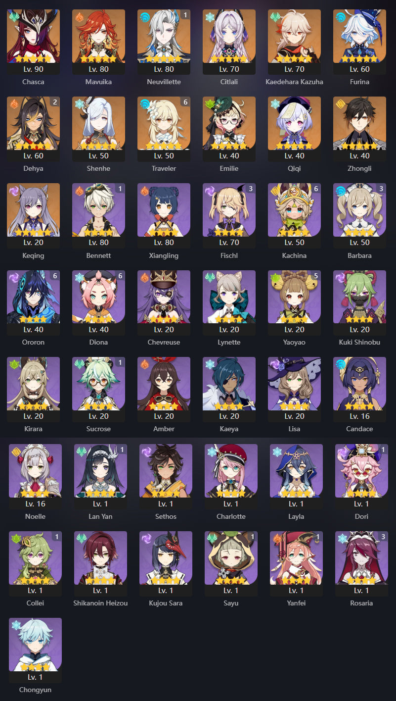 [AR 55] ⭐️ Mavuika + Arma + Chasca + Arma + Furina + Shenhe + Neuvillette + Kazuha + Citlali + Zhong Li + Emilie — Cuenta Genshin Impact