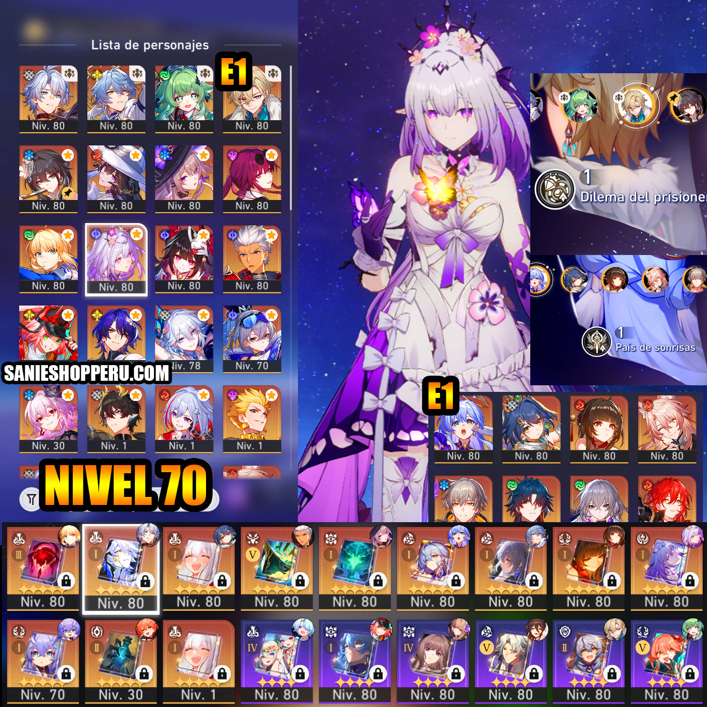Lvl70 NA Fainón + Cono + Castorice + Cono , Yao Guang + La Dalia + Rappa + Sunday + Robin E1 + Cono + Sra. Herta + Sparkle + Dr. Ratio + Aventurino E1 + Ruan Mei + Lingsha + Cono , Jiaoqiu + Huohuo + Archer + Saber + Gilgamesh + Kafka + Topaz + Larganoche