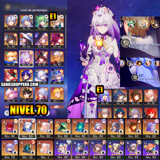 Lvl70 NA Fainón + Cono + Castorice + Cono , Yao Guang + La Dalia + Rappa + Sunday + Robin E1 + Cono + Sra. Herta + Sparkle + Dr. Ratio + Aventurino E1 + Ruan Mei + Lingsha + Cono , Jiaoqiu + Huohuo + Archer + Saber + Gilgamesh + Kafka + Topaz + Larganoche