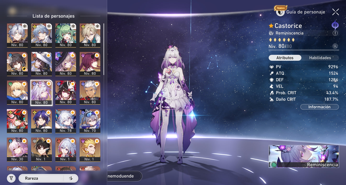 Lvl70 NA Fainón + Cono + Castorice + Cono , Yao Guang + La Dalia + Rappa + Sunday + Robin E1 + Cono + Sra. Herta + Sparkle + Dr. Ratio + Aventurino E1 + Ruan Mei + Lingsha + Cono , Jiaoqiu + Huohuo + Archer + Saber + Gilgamesh + Kafka + Topaz + Larganoche