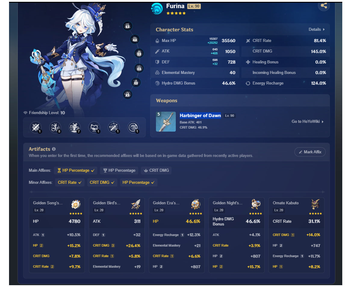 [Nivel 58] Varesa + Arma+ Skirk + Escoffier + Furina + Chasca +Arma + Yelan + Hu Tao + Mona + Tighnari C1 + Dehya + Keqing + Mizuki + Jean